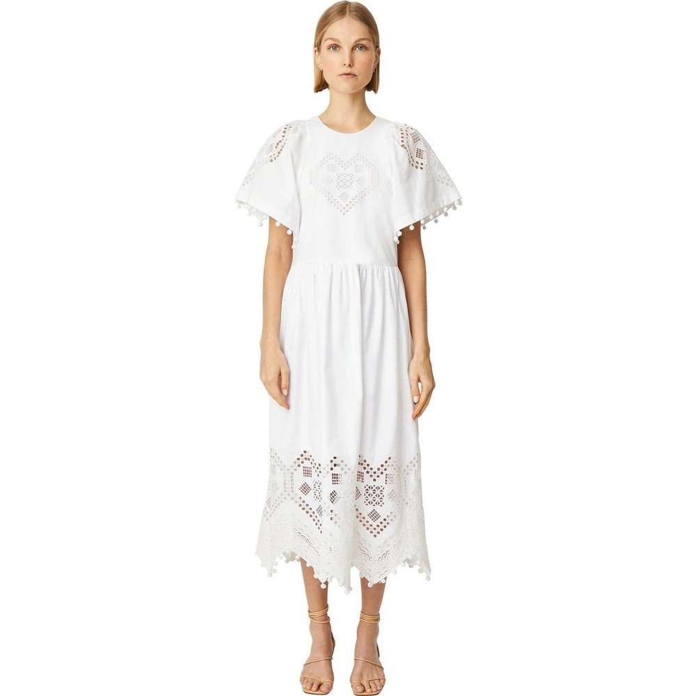 RHODE Claude White Embroidered Eylett Heart Midi Dress White Pom Pom Trim S